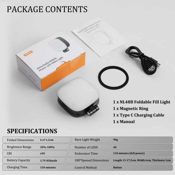 MagSafe Magnetic Selfie Light with Mirror for iPhone – Rechargeable LED Fill Light, CRI≥95, 5 Color Temps, Foldable Portable Ring Light for Vlog, Makeup, Back‑Camera & Video Recording，Photography