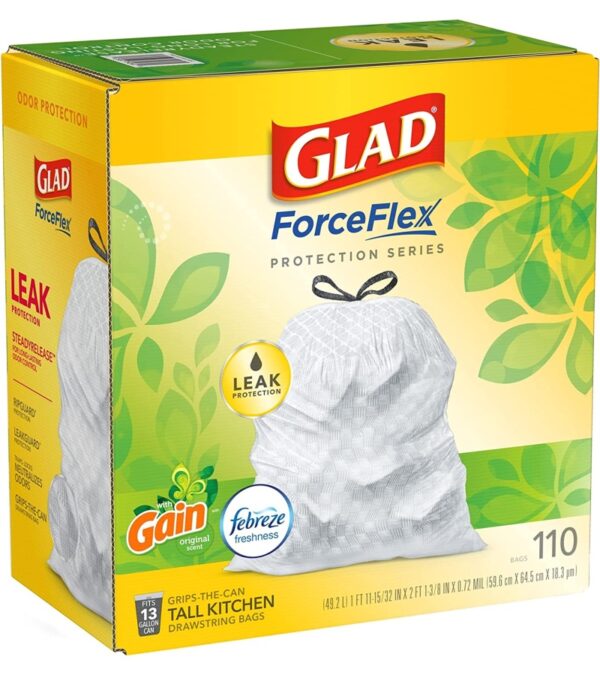 img-0117028452ef1ae8633628377500a79b GLAD ForceFlex Tall Kitchen Drawstring Trash Bags, 13 Gallon White Trash Bag for Kitchen Trash Can, Gain Original Scent, Odor Shield, Odor Eliminator, Leak Protection, 110 Count