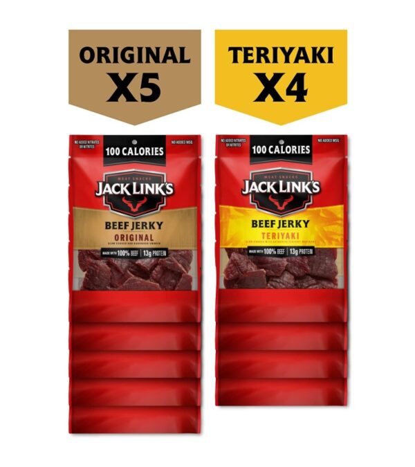 Jack Link's Beef Jerky Variety Pack Includes Original and Teriyaki Flavors, On the Go Snacks, 13g of Protein Per Serving, 9 Count of 1.25 Oz Bags