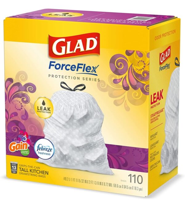 img-0f836c18ce76c68f5b111fd54214385e Glad Trash & Food Storage ForceFlex Protection Series Tall Trash Bags, 13 Gal, Gain Moonlight Breeze with Febreze, 110 Ct (Package May Vary)