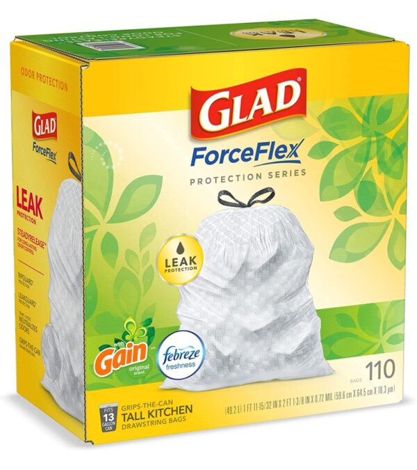 img-107cb95f325d073f0fe19ad460d6d509 GLAD ForceFlex Tall Kitchen Drawstring Trash Bags, 13 Gallon White Trash Bag for Kitchen Trash Can, Gain Original Scent, Odor Shield, Odor Eliminator, Leak Protection, 110 Count