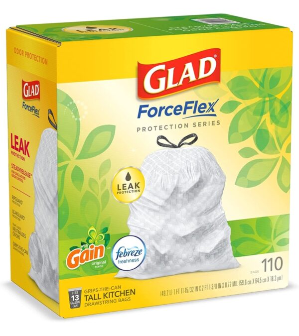 img-181ab86c4c6bbf8fe26faf647c365869 GLAD ForceFlex Tall Kitchen Drawstring Trash Bags, 13 Gallon White Trash Bag for Kitchen Trash Can, Gain Original Scent, Odor Shield, Odor Eliminator, Leak Protection, 110 Count