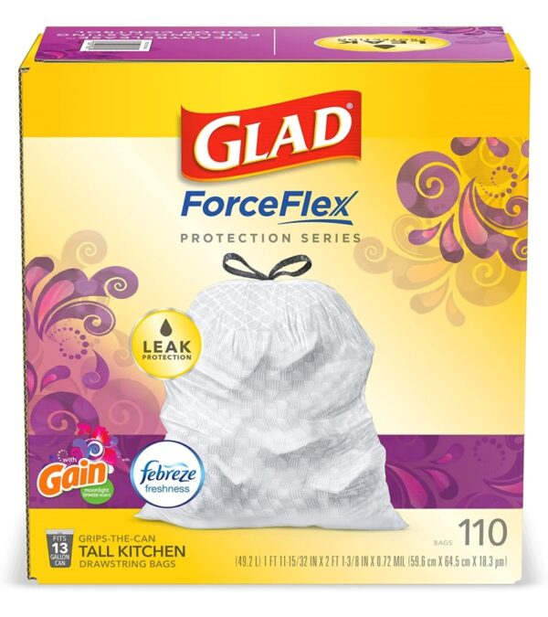 img-18dd2f2eaf6f23f27b6e5ce746ddf5e3 Glad Trash & Food Storage ForceFlex Protection Series Tall Trash Bags, 13 Gal, Gain Moonlight Breeze with Febreze, 110 Ct (Package May Vary)