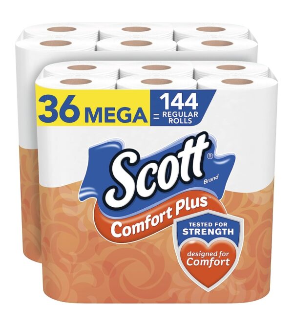 img-287e4313e147c25c0e2396d5c52be145 Scott ComfortPlus Toilet Paper, 36 Mega Rolls = 144 Regular Rolls, Bath Tissue, 462 Sheets Per Roll, White, 36 Count