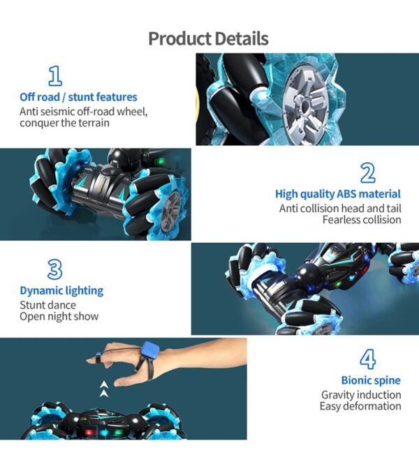 img-2fcabaefc8abb6b4a271eabf57d6ed1c Deejoy RC Stunt Car, 2.4GHz 4WD Remote Control Gesture Sensor Toy Cars, Double Sided Rotating Off Road Vehicle 360° Flips with Lights Music, for Boys & Girls Birthday