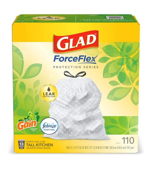 img-366e9dbeda050247f38e6b8605bfc525 GLAD ForceFlex Tall Kitchen Drawstring Trash Bags, 13 Gallon White Trash Bag for Kitchen Trash Can, Gain Original Scent, Odor Shield, Odor Eliminator, Leak Protection, 110 Count