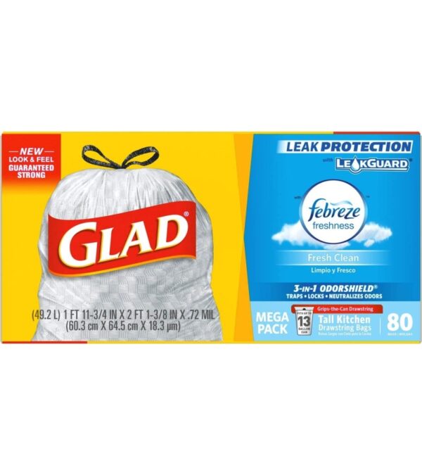 img-3be18e5405be42d3c98bcc96919aa9a6 Glad Tall Kitchen Drawstring Trash Bags – OdorShield 13 Gallon Grey Trash Bag, Febreze Fresh Clean – 80 Count