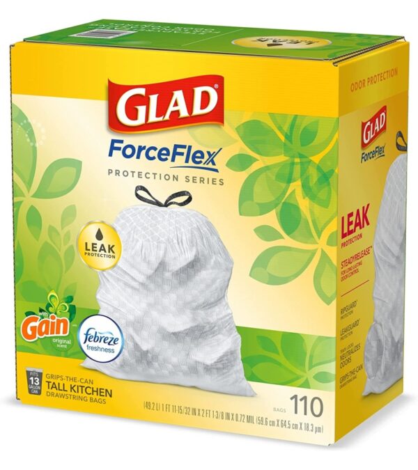 img-3e2673e96d0302ad539db8c9fd483375 GLAD ForceFlex Tall Kitchen Drawstring Trash Bags, 13 Gallon White Trash Bag for Kitchen Trash Can, Gain Original Scent, Odor Shield, Odor Eliminator, Leak Protection, 110 Count