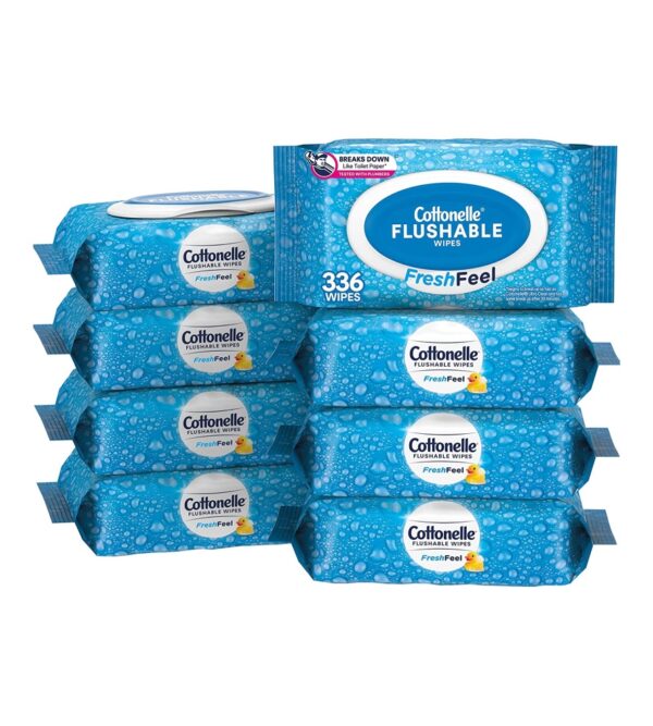 Cottonelle FreshFeel Flushable Wet Wipes, Adult Wet Wipes, 8 Flip-Top Packs, 336 Total Wipes