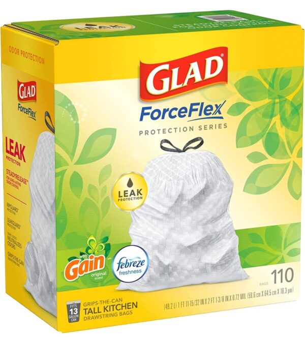 img-49333a85f030b4155a09a5a4494eb8ae GLAD ForceFlex Tall Kitchen Drawstring Trash Bags, 13 Gallon White Trash Bag for Kitchen Trash Can, Gain Original Scent, Odor Shield, Odor Eliminator, Leak Protection, 110 Count