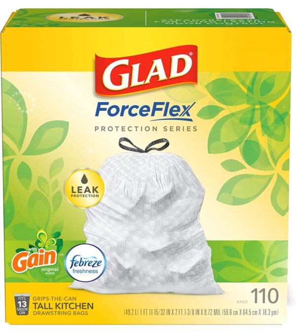 img-64882e8101d50db8e66817ce016ca2fc GLAD ForceFlex Tall Kitchen Drawstring Trash Bags, 13 Gallon White Trash Bag for Kitchen Trash Can, Gain Original Scent, Odor Shield, Odor Eliminator, Leak Protection, 110 Count