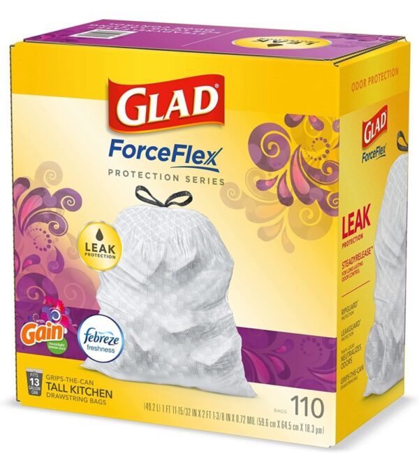 img-698122a2e7ff85944623e66638f074e0 Glad Trash & Food Storage ForceFlex Protection Series Tall Trash Bags, 13 Gal, Gain Moonlight Breeze with Febreze, 110 Ct (Package May Vary)