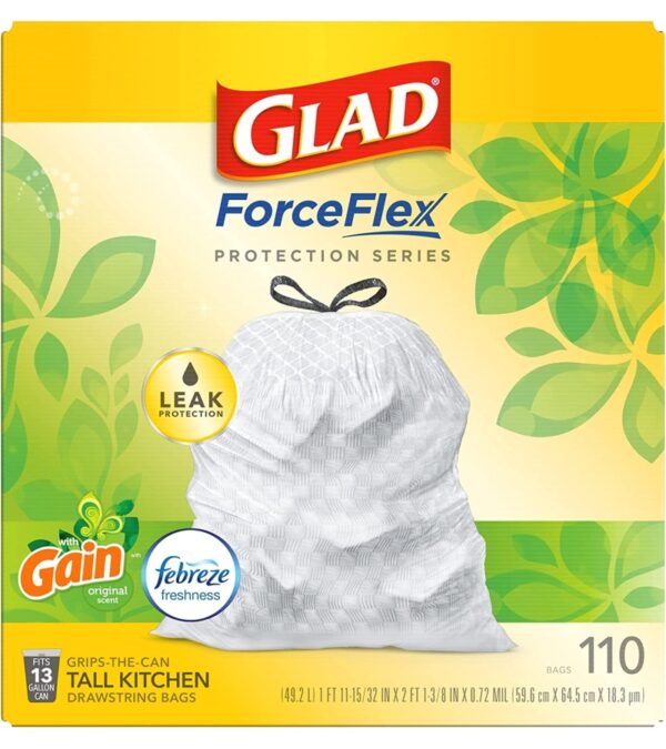 img-6d05955db7fb705588bb781dbace13b4 GLAD ForceFlex Tall Kitchen Drawstring Trash Bags, 13 Gallon White Trash Bag for Kitchen Trash Can, Gain Original Scent, Odor Shield, Odor Eliminator, Leak Protection, 110 Count