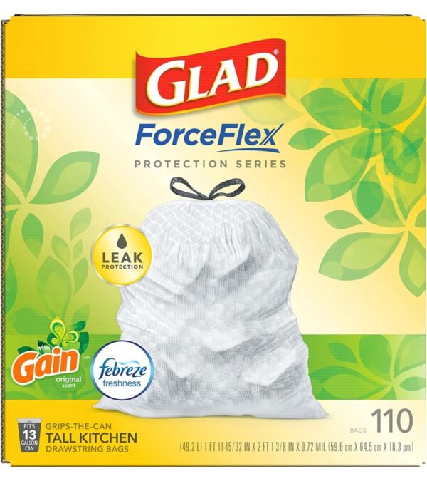 img-72d0f9e087deb871724eb9ce491305dd GLAD ForceFlex Tall Kitchen Drawstring Trash Bags, 13 Gallon White Trash Bag for Kitchen Trash Can, Gain Original Scent, Odor Shield, Odor Eliminator, Leak Protection, 110 Count