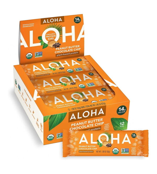 img-7a0a101259b72fd22f6f3e78a1e8d295 ALOHA Organic Plant Based Protein Bars |Peanut Butter Chocolate Chip | 12 Count, 1.98oz Bars | Vegan, Low Sugar, Gluten Free, Paleo, Low Carb, Non-GMO, Stevia Free, Soy Free, No Sugar Alcohols