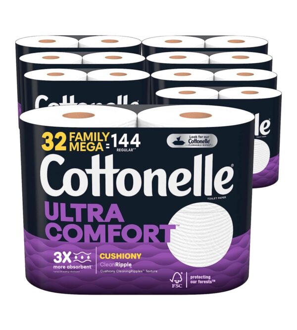 img-7d2515b4ce224c494baccb14b3929769 Cottonelle Ultra Comfort Toilet Paper with Cushiony CleaningRipples Texture, Strong Bath Tissue, 32 Family Mega Rolls (32 Family Mega Rolls = 144 Regular Rolls) (8 Packs of 4), 325 Sheets per Roll