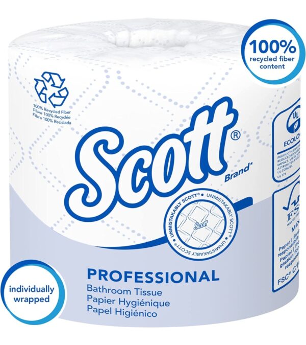 img-7d484929302962f7ee378694860158a9 Scott Professional 100% Recycled Fiber Standard Roll Bathroom Tissue (13217), 2-Ply, White, 80 Rolls / Case, 473 Sheets / Roll, 37,840 Sheets / Case