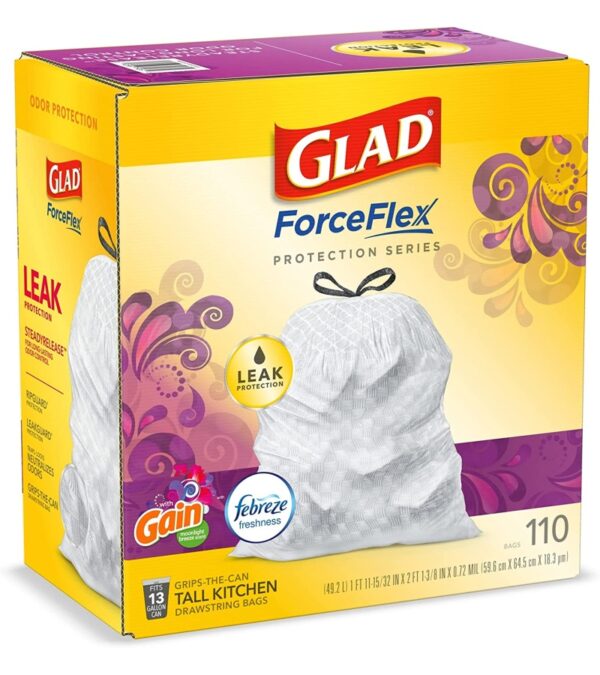 img-7f933e1f7741581b92178db9dfb0a5e9 Glad Trash & Food Storage ForceFlex Protection Series Tall Trash Bags, 13 Gal, Gain Moonlight Breeze with Febreze, 110 Ct (Package May Vary)