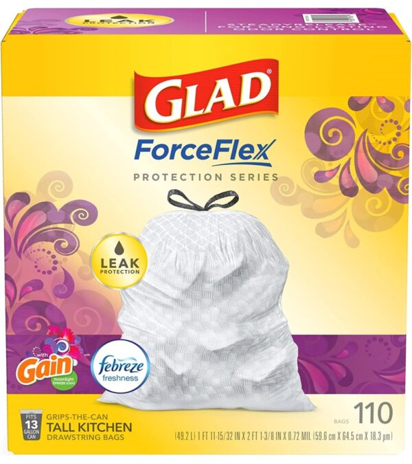 img-835a5aca63382c8c3942c1367ae2b253 Glad Trash & Food Storage ForceFlex Protection Series Tall Trash Bags, 13 Gal, Gain Moonlight Breeze with Febreze, 110 Ct (Package May Vary)