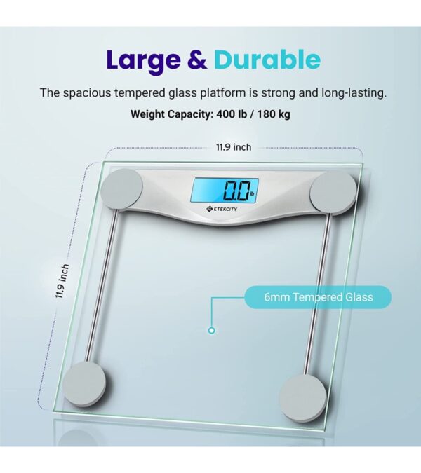 Etekcity Bathroom Scale for Body Weight, Digital Weighing Machine for People, Accurate & Large LCD Backlight Display, 6mm Tempered Glass, 400 lbs
