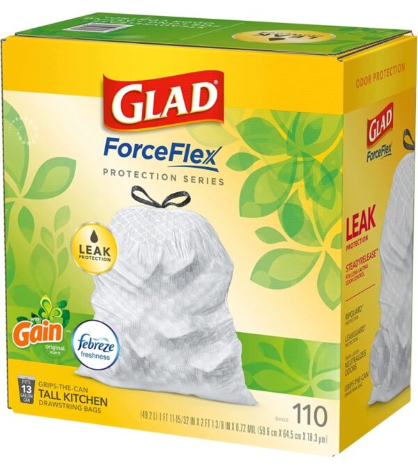 img-868c6427b9f19a80244707fbeb379f96 GLAD ForceFlex Tall Kitchen Drawstring Trash Bags, 13 Gallon White Trash Bag for Kitchen Trash Can, Gain Original Scent, Odor Shield, Odor Eliminator, Leak Protection, 110 Count