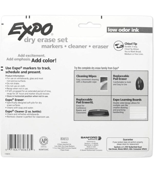 EXPO Low Odor Dry Erase Marker Starter Set, Chisel Tip, Assorted, Whiteboard Eraser, Cleaning Spray, 6 Count