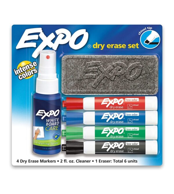 EXPO Low Odor Dry Erase Marker Starter Set, Chisel Tip, Assorted, Whiteboard Eraser, Cleaning Spray, 6 Count