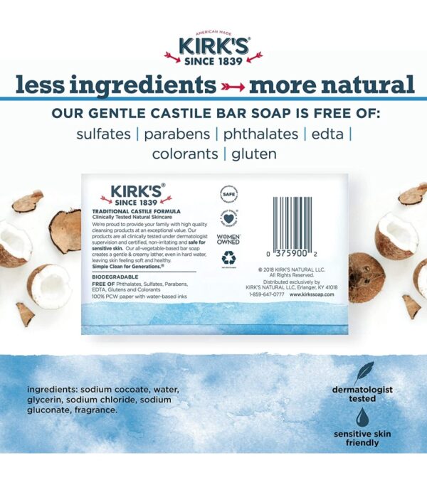 Kirk's Castile Bar Soap Clean Soap for Men, Women & Children| Premium Coconut Oil | Sensitive Skin Formula, Vegan | Original Fresh Scent | 4 oz. Bars – 12 Pack