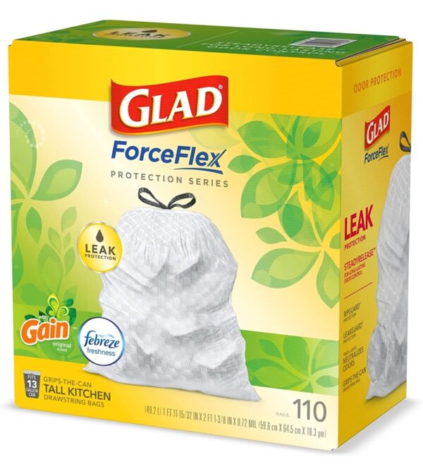 img-9b228552ea72174e167e21aad2aa15f1 GLAD ForceFlex Tall Kitchen Drawstring Trash Bags, 13 Gallon White Trash Bag for Kitchen Trash Can, Gain Original Scent, Odor Shield, Odor Eliminator, Leak Protection, 110 Count
