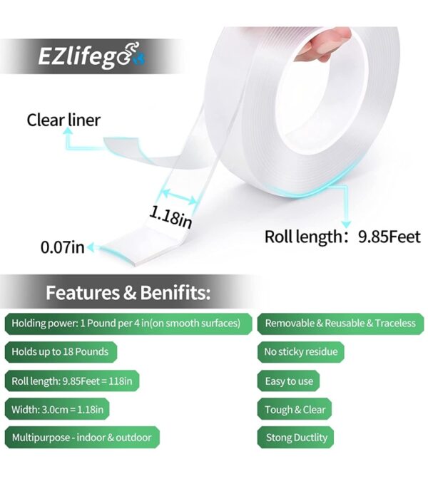 img-a9b11d9aeb8669b47eb935a3f4987072 EZlifego Double Sided Tape Heavy Duty, Multipurpose Removable Clear & Tough Mounting Tape Sticky Adhesive, Reusable Strong Wall Tape Picture Hanging Strips Poster Carpet Tape (Extra Large 9.85FT)