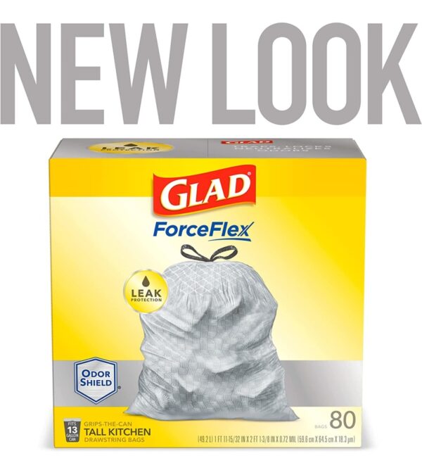 Glad ForceFlex Tall Kitchen Drawstring Trash Bags, 13 Gal, OdorShield, 80 Ct