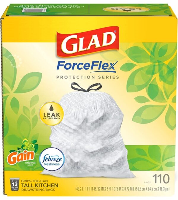 img-afdf4553817763f054a0b806b533e3f2 GLAD ForceFlex Tall Kitchen Drawstring Trash Bags, 13 Gallon White Trash Bag for Kitchen Trash Can, Gain Original Scent, Odor Shield, Odor Eliminator, Leak Protection, 110 Count