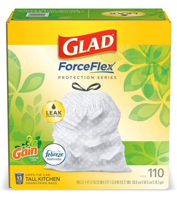 img-b3f16a450630024aa5a38ddf4db1203d GLAD ForceFlex Tall Kitchen Drawstring Trash Bags, 13 Gallon White Trash Bag for Kitchen Trash Can, Gain Original Scent, Odor Shield, Odor Eliminator, Leak Protection, 110 Count