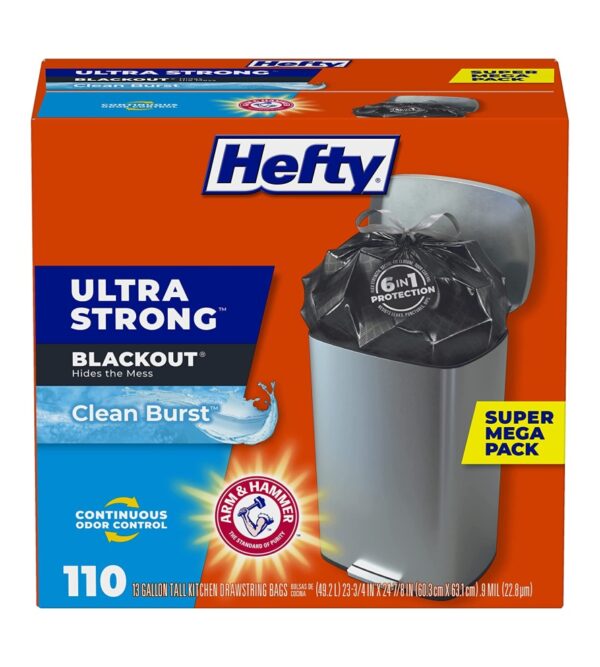 img-bb7cee55b73f9015b3b7b9f7602f98dd Hefty Ultra Strong Tall Kitchen Trash Bags, Blackout, Clean Burst, 13 Gallon, 110 Count