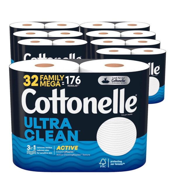 img-bcfaabe1a295431c004c09750edb680d Cottonelle Ultra Clean Toilet Paper with Active CleaningRipples Texture, Strong Bath Tissue, 32 Family Mega Rolls (32 Family Mega Rolls = 176 Regular Rolls) (8 Packs of 4), 388 Sheets per Roll