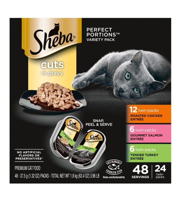 img-c964d8b73b0c2da0c96e6c5e37dc8a47 SHEBA PERFECT PORTIONS Cuts in Gravy Wet Cat Food Trays (24 Count, 48 Servings), Roasted Chicken, Gourmet Salmon and Tender Turkey Entrée, Easy Peel Twin-Pack Trays