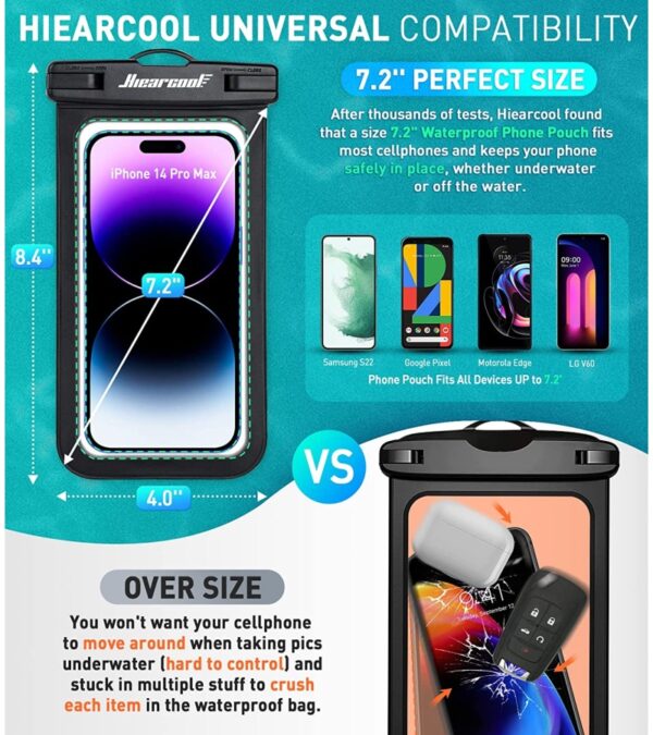 Hiearcool Universal Waterproof Phone Pouch, Waterproof Phone Case Compatible for iPhone 14 13 12 11 Pro Max XS Plus Samsung Galaxy S22 Cellphone Up to 7.2″, IPX8 Cellphone Dry Bag for Vacation-2 Pack