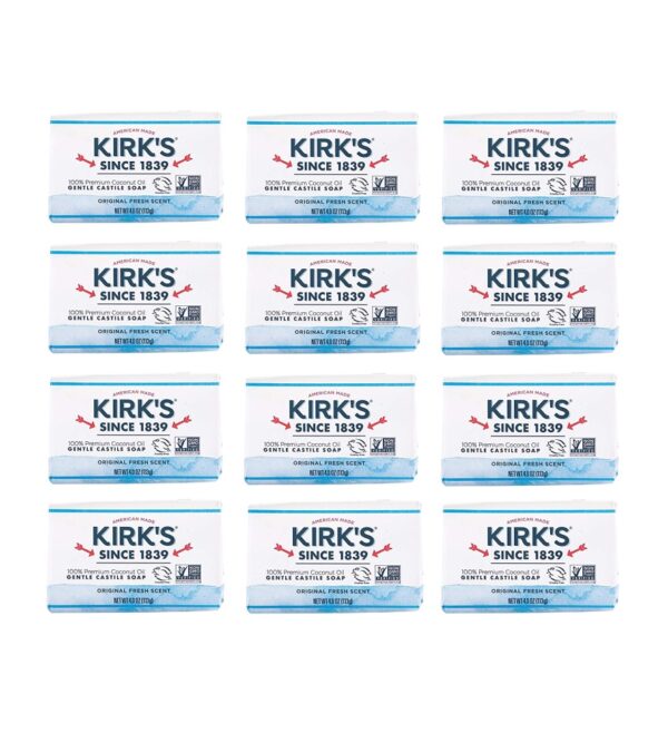 Kirk's Castile Bar Soap Clean Soap for Men, Women & Children| Premium Coconut Oil | Sensitive Skin Formula, Vegan | Original Fresh Scent | 4 oz. Bars – 12 Pack