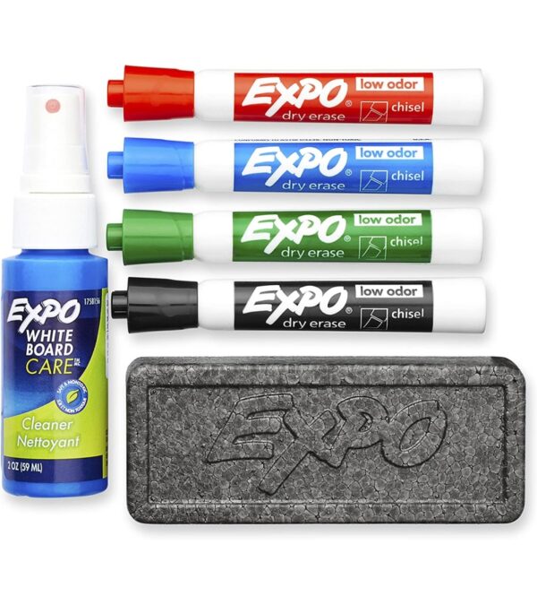 EXPO Low Odor Dry Erase Marker Starter Set, Chisel Tip, Assorted, Whiteboard Eraser, Cleaning Spray, 6 Count