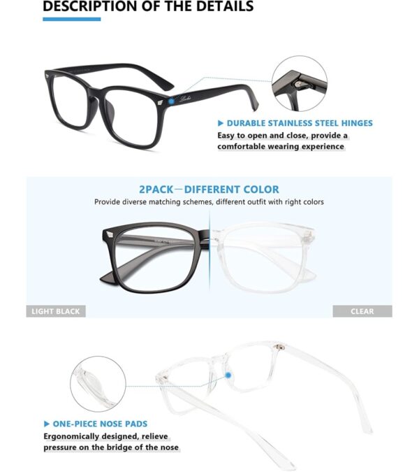 livho 2 Pack Blue Light Blocking Glasses, Computer Reading/Gaming/TV/Phones Glasses for Women Men,Anti Eyestrain & UV Glare (Light Black+Clear)