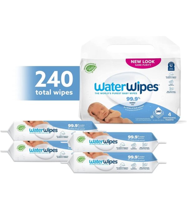 img-e4a2ceeb5e9300689fbaed7a623e9329 WaterWipes Plastic-Free Original Baby Wipes, 99.9% Water Based Wipes, Unscented & Hypoallergenic for Sensitive Skin, 540 Count (9 packs), Packaging May Vary