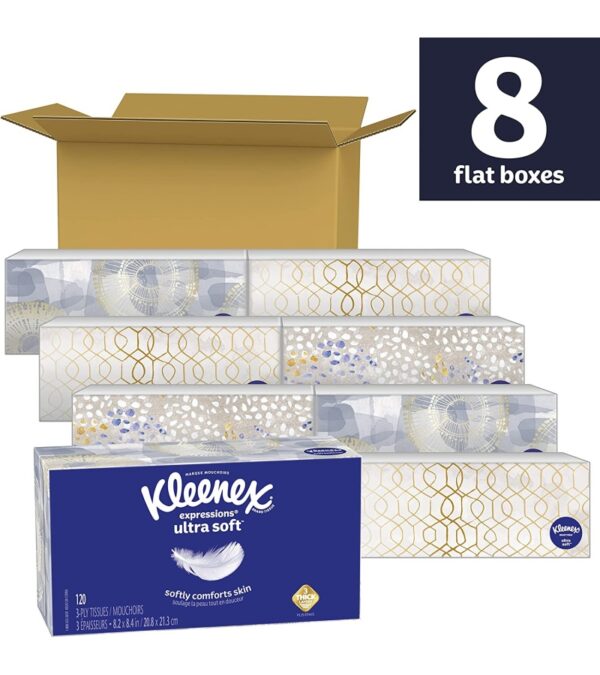 Kleenex Expressions Ultra Soft Facial Tissues, Soft Facial Tissue, 8 Flat Boxes, 120 Tissues per Box, 3-Ply (960 Total Tissues)