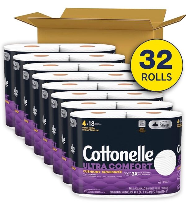 img-f0b1b70240e7b4adabea4784ad0ff2c8 Cottonelle Ultra Comfort Toilet Paper with Cushiony CleaningRipples Texture, Strong Bath Tissue, 32 Family Mega Rolls (32 Family Mega Rolls = 144 Regular Rolls) (8 Packs of 4), 325 Sheets per Roll