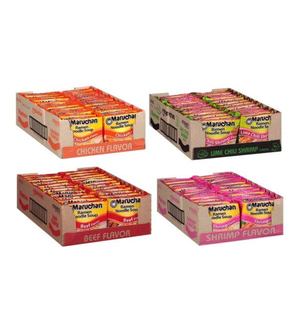 Maruchan Ramen Instant Soup Noodles Mix Variety 4 Flavor Packs 96 Count – 24 Chicken , 24 Lime Chili Shrimp , 24 Beef , 24 Shrimp Pack Lunch / Dinner Variety