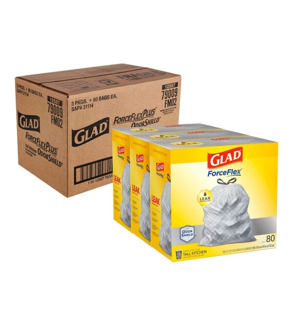 Glad ForceFlex Tall Kitchen Drawstring Trash Bags, 13 Gal, OdorShield, 80 Ct