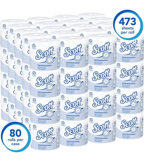 img-f386965e59811aef189542aa19d6ce13 Scott Professional 100% Recycled Fiber Standard Roll Bathroom Tissue (13217), 2-Ply, White, 80 Rolls / Case, 473 Sheets / Roll, 37,840 Sheets / Case