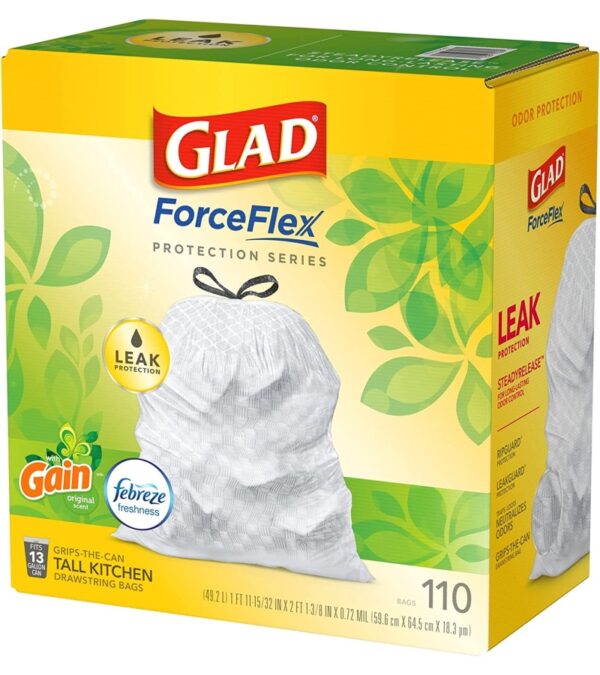 img-f7dfcb7ed327029a570689b7dc06cccb GLAD ForceFlex Tall Kitchen Drawstring Trash Bags, 13 Gallon White Trash Bag for Kitchen Trash Can, Gain Original Scent, Odor Shield, Odor Eliminator, Leak Protection, 110 Count