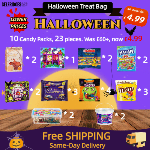 未命名的设计-11 Halloween Snack Pack! 10 Candy Packs, 23 pieces. Was £60+, now £4.99. Great deal. Free shipping. Indulge in spooky treats!