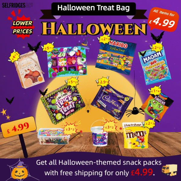 Halloween Snack Pack! 10 Candy Packs, 23 pieces. Was £60+, now £4.99. Great deal. Free shipping. Indulge in spooky treats!